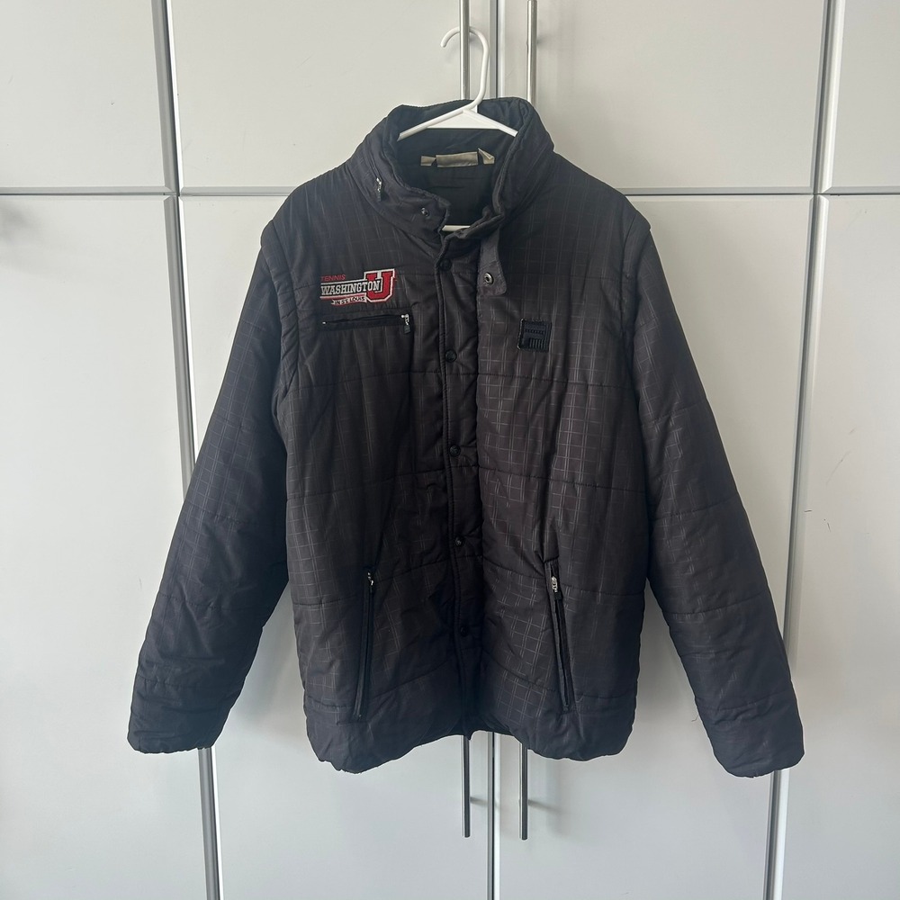 Fila Mens Washington University Tennis Puffer Jacket Black Grid Large XL